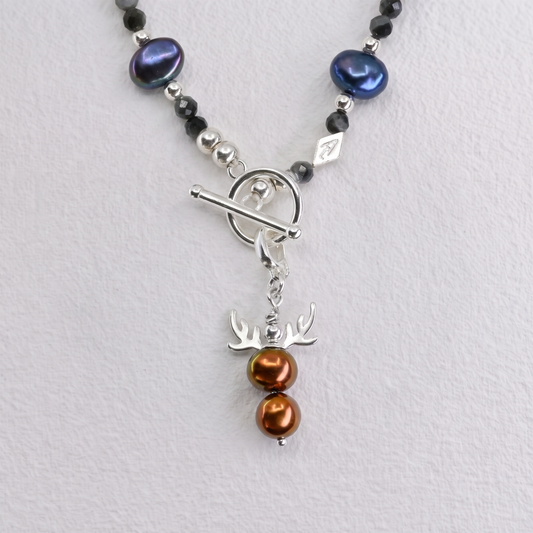 RUDOLF - silver antlers freshwater pearl & sterling silver clip on pendant