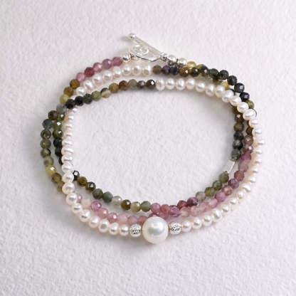 ASCOT - watermelon tourmaline & freshwater pearl multi way necklace