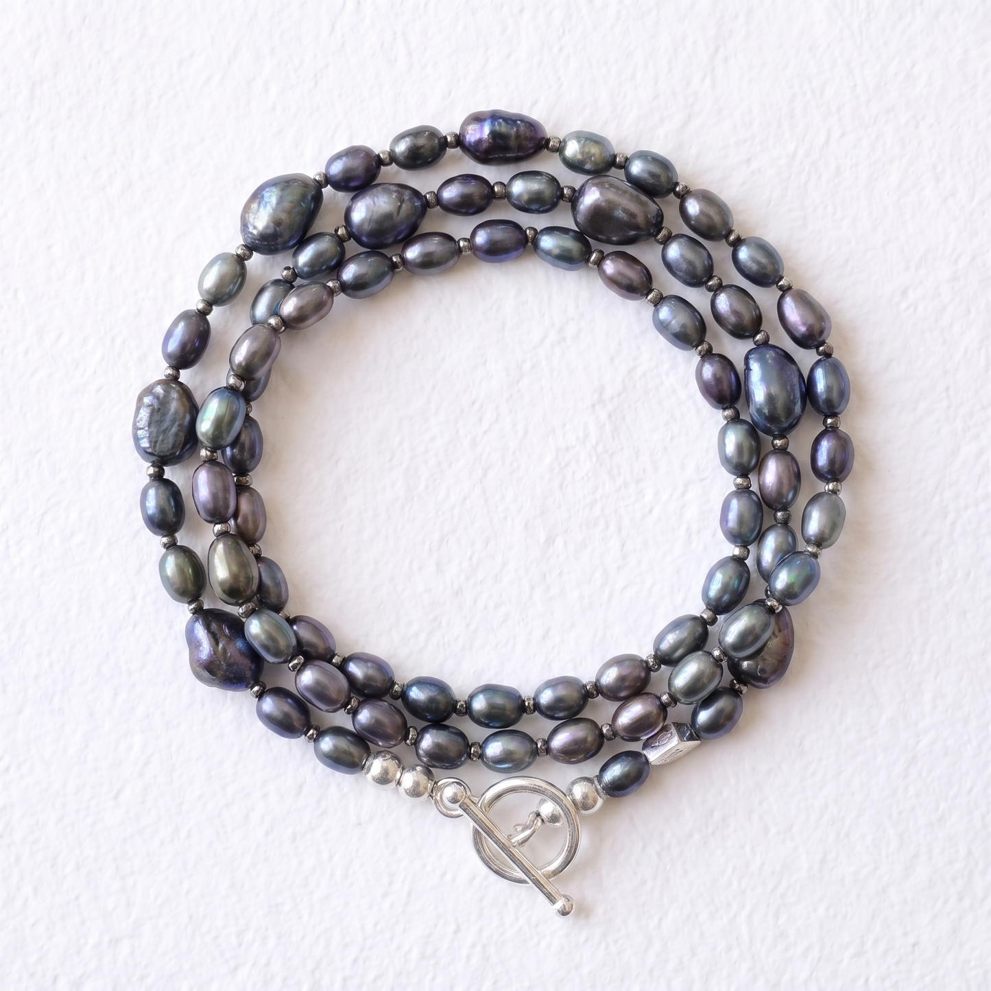 PEACOCK - peacock blue pearl and hematite multi way necklace