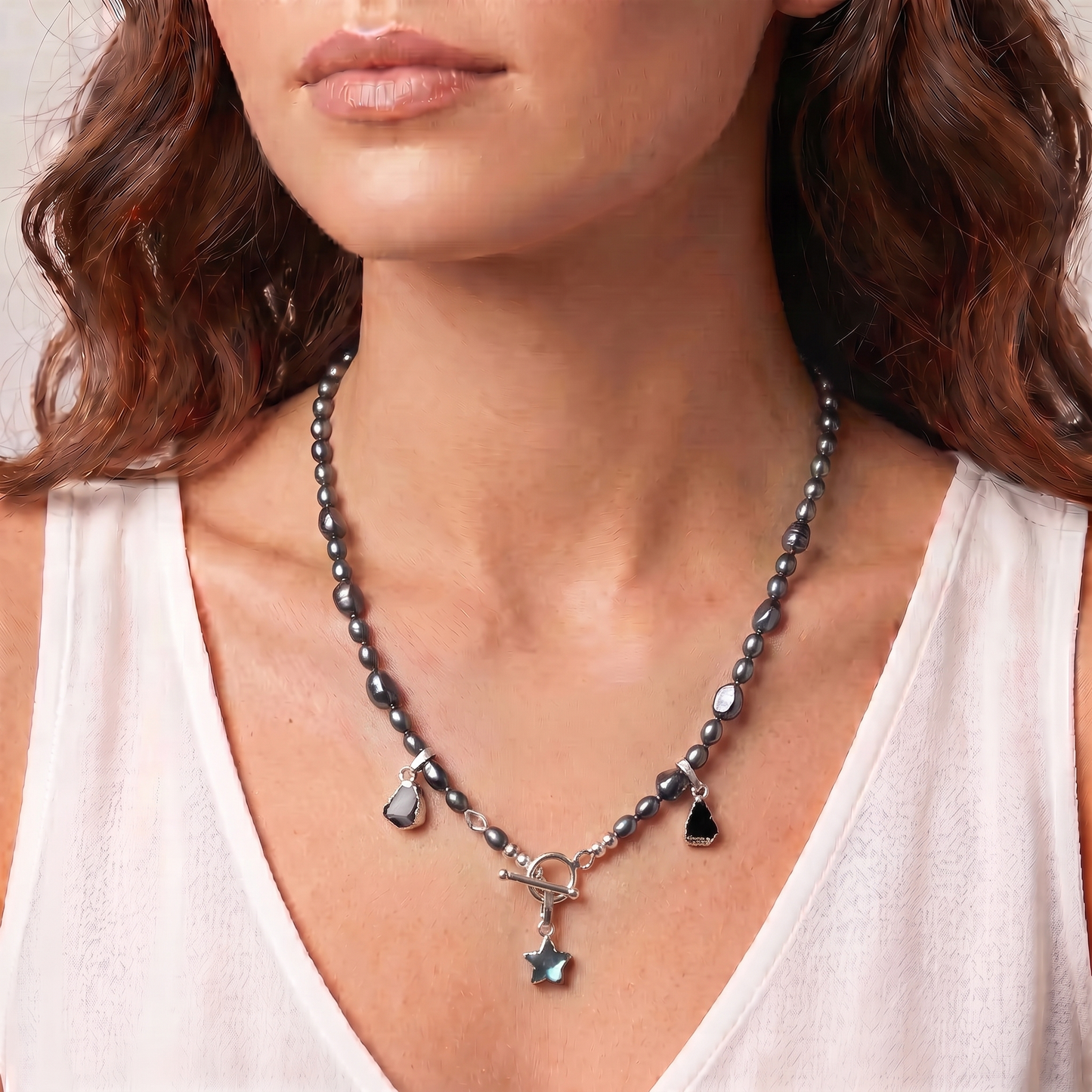 PEACOCK - peacock blue pearl and hematite multi way necklace