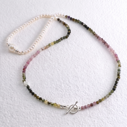 ASCOT - watermelon tourmaline & freshwater pearl multi way necklace