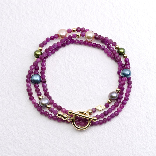 RASPBERRY - Autumn Almanac - pink ruby & gold multi way necklace