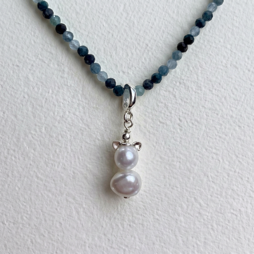 FELIX - silver cat ears, white freshwater pearls & sterling silver clip on pendant