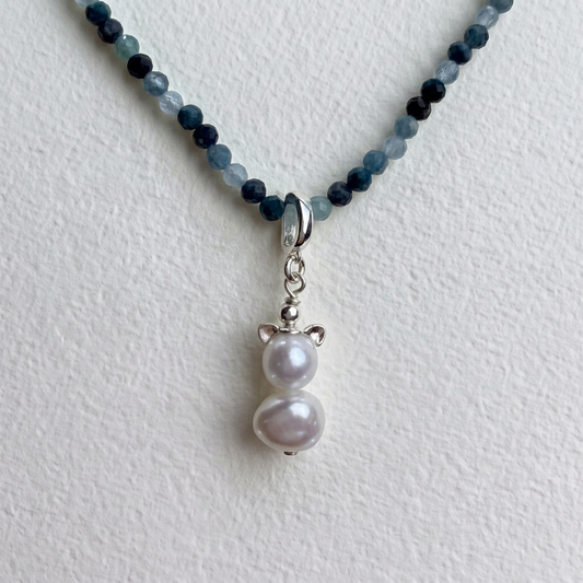 FELIX - silver cat ears, white freshwater pearls & sterling silver clip on pendant