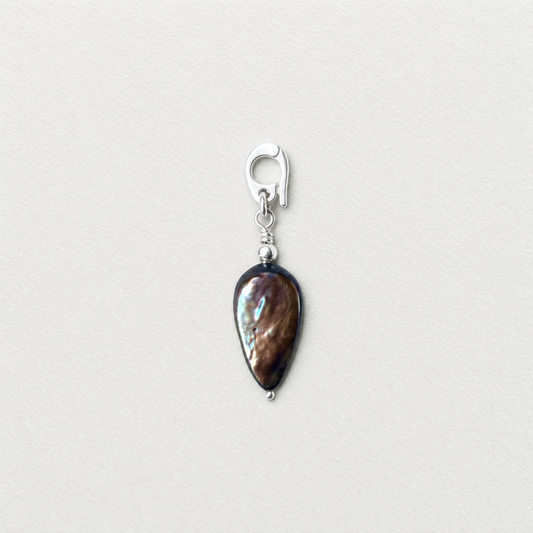 DROPLET - flat droplet shaped peacock freshwater pearl & sterling silver clip on pendant