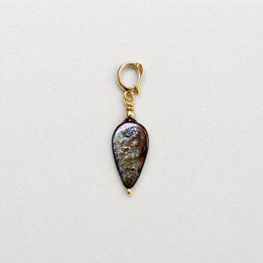 DROPLET - flat droplet shaped peacock freshwater pearl & gold plate clip on pendant